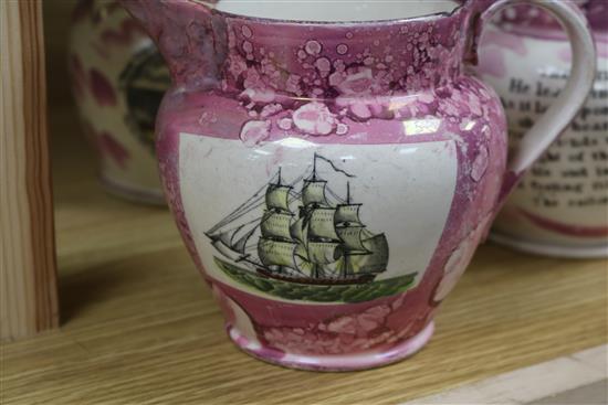 Three Sunderland pearlware pink lustre jugs